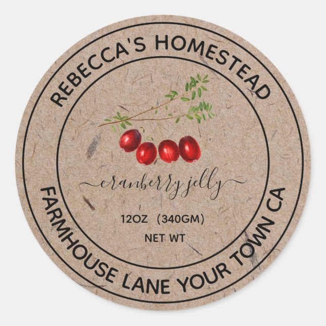 Cranberry Jelly Kraft Paper Canning Jar Labels Runder Aufkleber (Vorderseite)