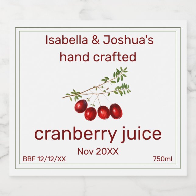 Cranberry Juice hausgemacht mit Liebe Alkoholflaschenetikett (Einzelnes Label)