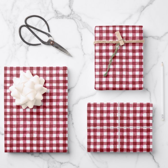 Cranberry Kariert Wrapping Paper Flat Sheet Set 3 Geschenkpapier Set (Vorderseite)