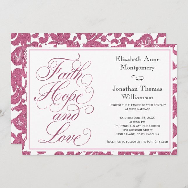 Cranberry Lace Script Faith Hope & Liebe Wedding Einladung (Vorne/Hinten)