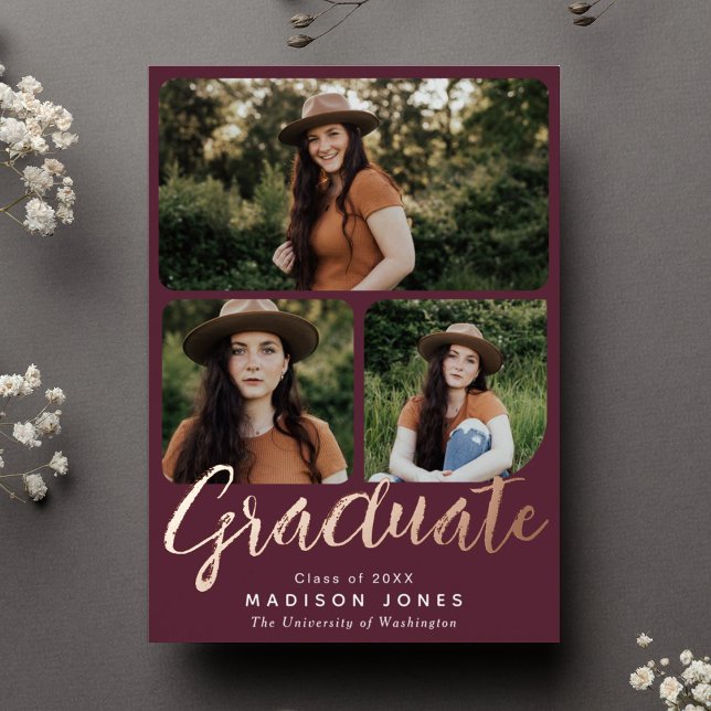Cranberry Modern Script 4 Fotos Graduiertenparty Folieneinladung (Von Creator hochgeladen)