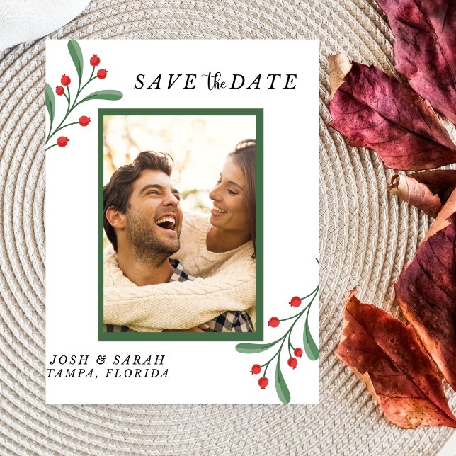 Cranberry Photo Holiday Save the Date Invitation  RSVP Karte (Save the Date Christmas, Holiday Wedding Invitation)