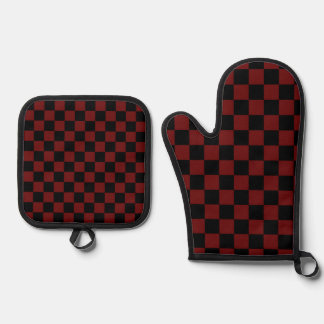 Cranberry Red and Black Checkerboard Pattern Ofenhandschuh & Topflappen-Set