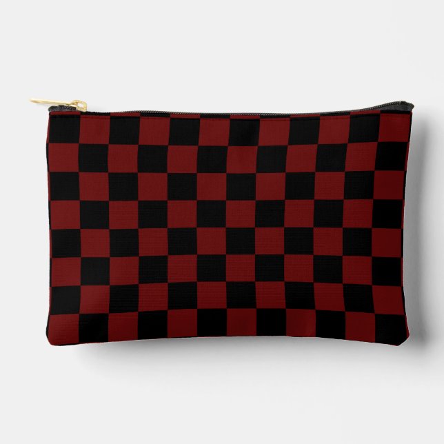 Cranberry Red and Black Checkerboard Pattern Zubehörtasche (Vorderseite)