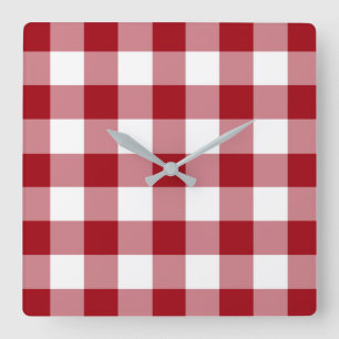 Cranberry Red and White Checked Gingham Pattern Quadratische Wanduhr