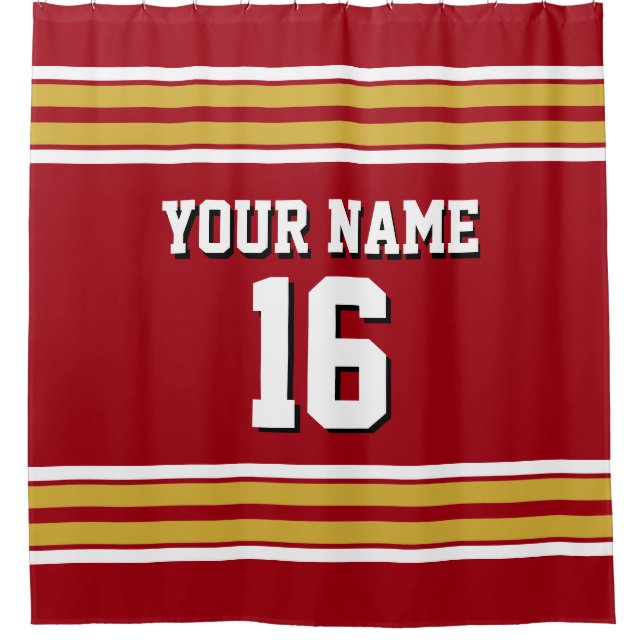 Cranberry Red Gold White Stripes Sports Jersey Duschvorhang (Vorderseite)