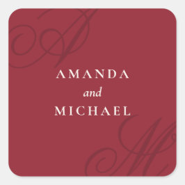 Cranberry Red Modern Edge Elegante Monogram Weddin Quadratischer Aufkleber