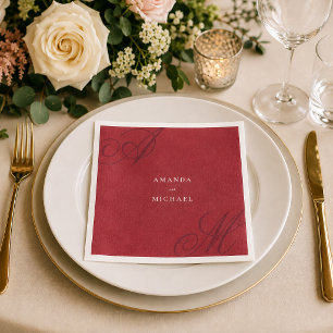 Cranberry Red Modern Edge Elegante Monogram Weddin Serviette