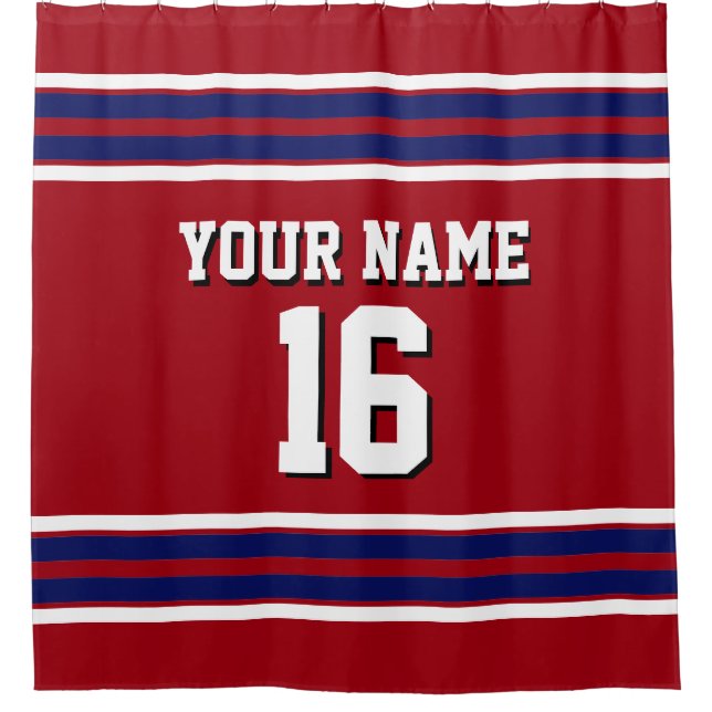 Cranberry Red Navy White Stripes Sports Jersey Duschvorhang (Vorderseite)