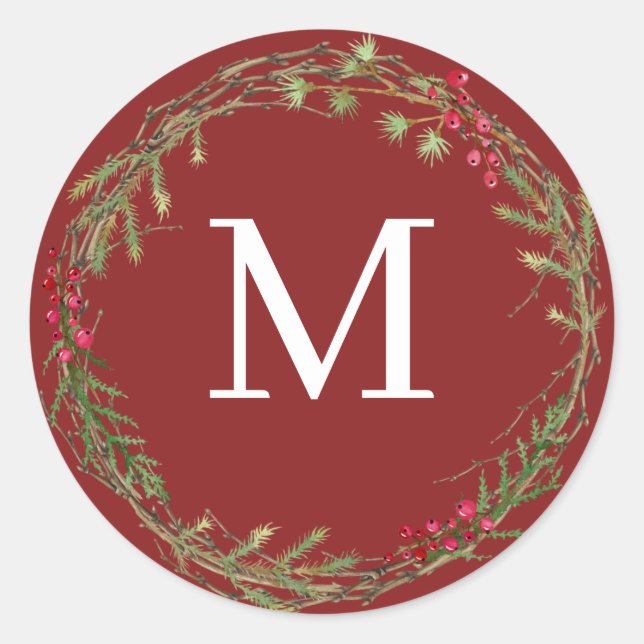Cranberry Red Rustic Christmas Wreath Monogram Runder Aufkleber (Vorderseite)
