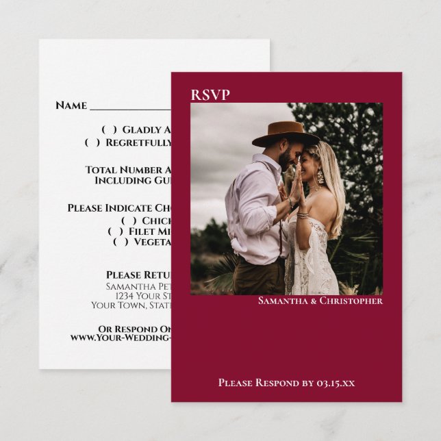 Cranberry Red Simple Minimalistisch Foto Wedding RSVP Karte (Vorne/Hinten)