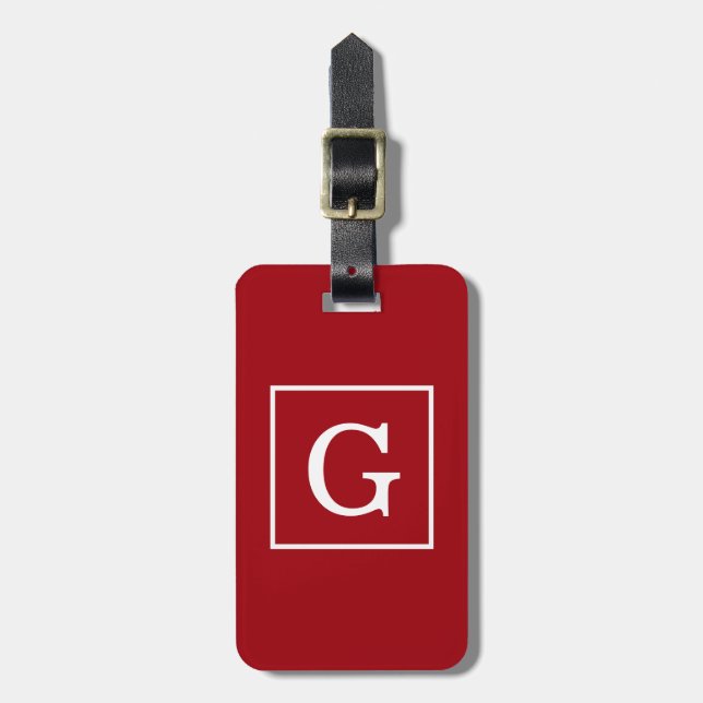 Cranberry Red White Gerahmt Initial Monogram Gepäckanhänger (Vorderseite vertikal)