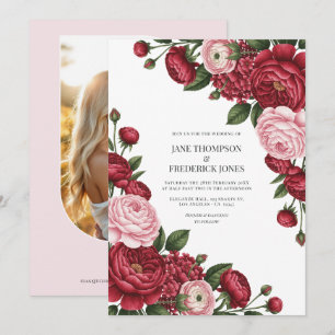Cranberry- und Rosé-Wasserfarben-Blumen-Hochzeitsf Einladung