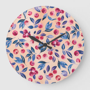 Cranberry Watercolor: Wilde Berries Nahtlos Große Wanduhr