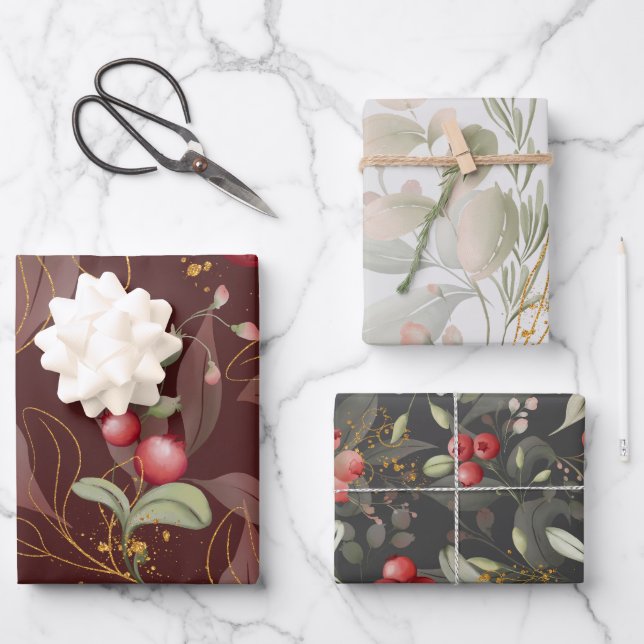 Cranberry Winter Floral Geschenkpapier Set (Vorderseite)