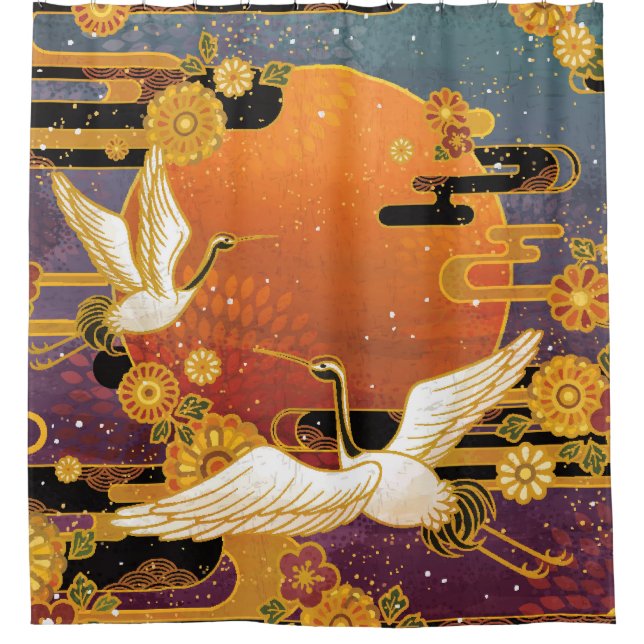 Crane Bird Chrysanthemum Japanisches Muster Duschvorhang (Vorderseite)