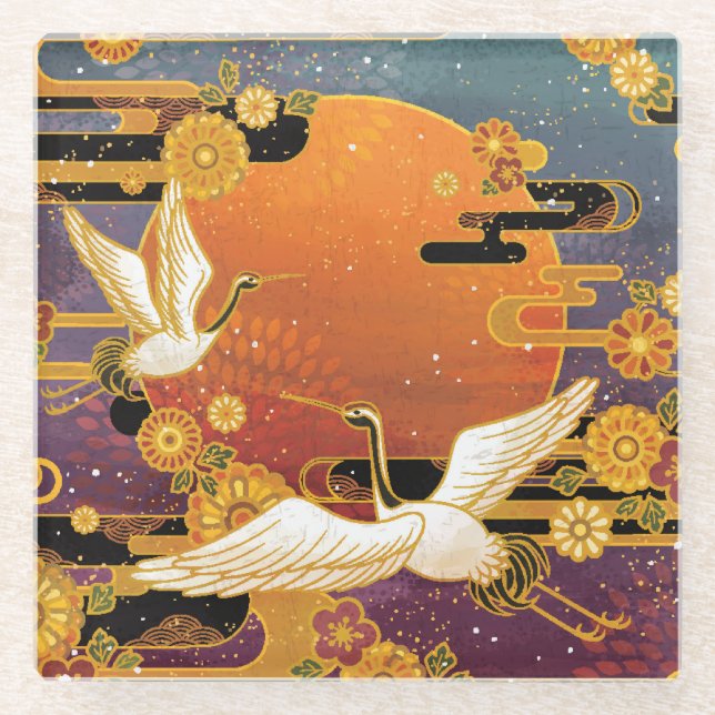 Crane Bird Chrysanthemum Japanisches Muster Glasuntersetzer (Vorderseite)