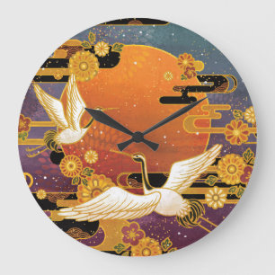 Crane Bird Chrysanthemum Japanisches Muster Große Wanduhr