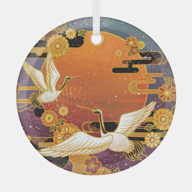 Crane Bird Chrysanthemum Japanisches Muster Ornament Aus Glas (Vorderseite)