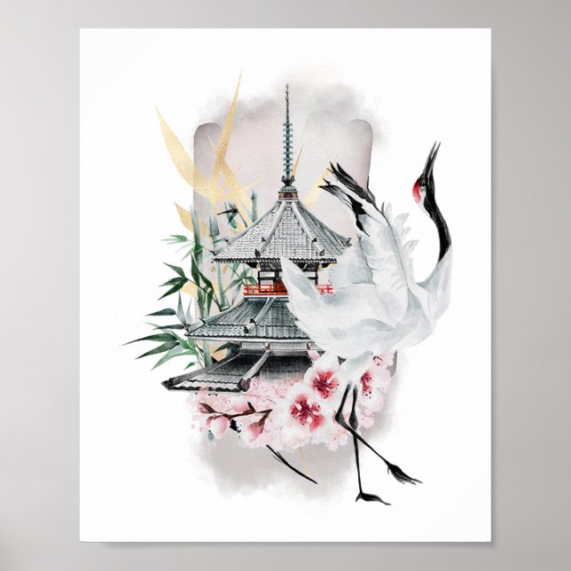 Crane Bird Japanische Artwork Poster (Vorne)