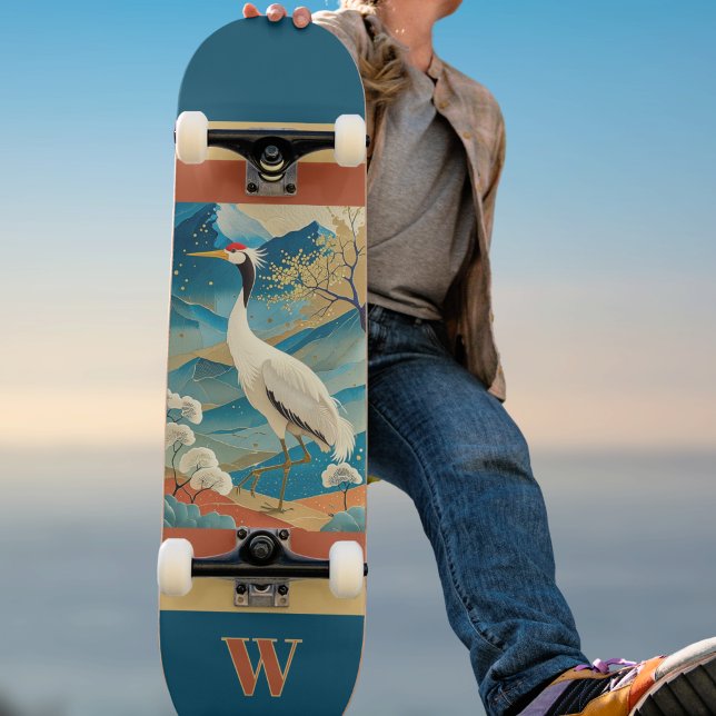Crane Bird with Mountains and Fall Trees Japanese Skateboard (Von Creator hochgeladen)