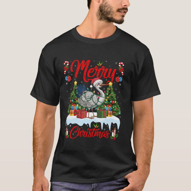Crane Bird Xmas Tree Lighting Weihnachtsmannmütze  T-Shirt (Vorderseite)