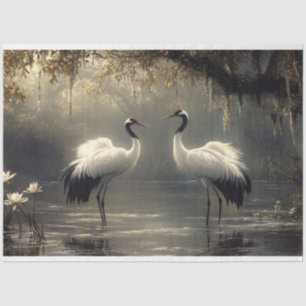 Crane Pair in einem Misty-Marsh-Dekoupage Seidenpapier