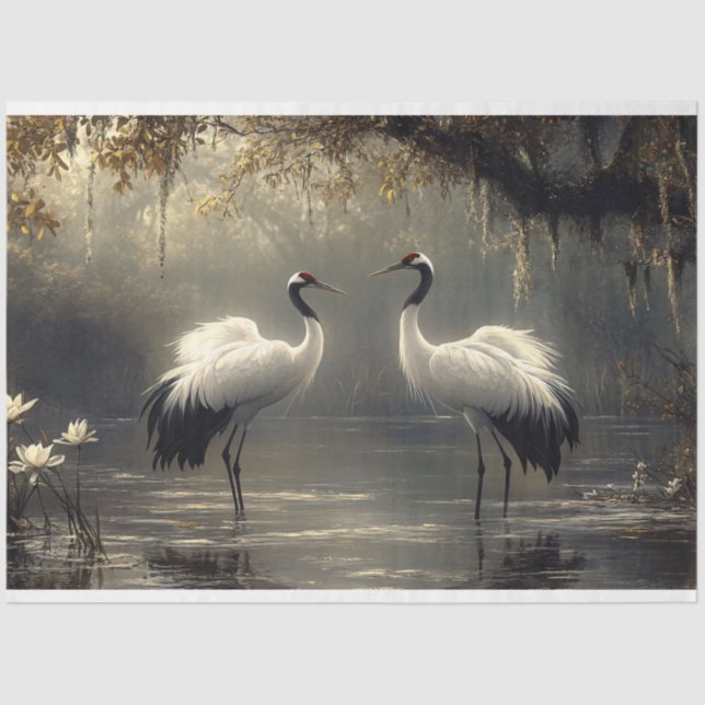 Crane Pair in einem Misty-Marsh-Dekoupage Seidenpapier (Vorderseite)