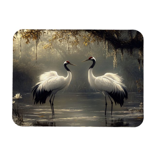 Crane Pair in einem Misty Marsh Flexible Magnet (Horizontal)