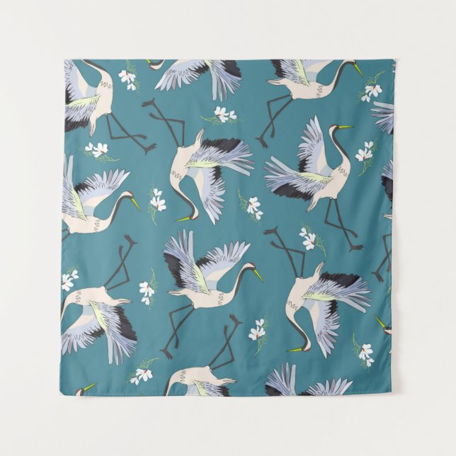 crane, pattern, illustration flying bird flower wandteppich (Vorderseite)