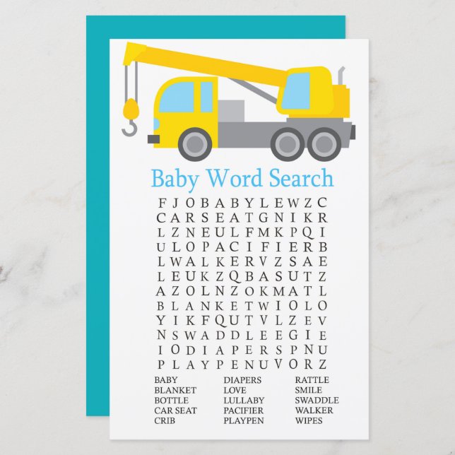 Crane Truck Baby Dusche Word Search Game (Vorne/Hinten)