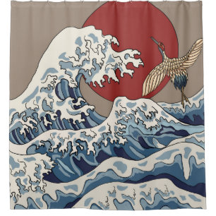 Crane und japanische Wave Illustration Traditionel Duschvorhang