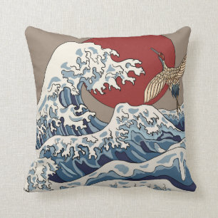 Crane und japanische Wave Illustration Traditionel Kissen