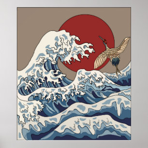 Crane und japanische Wave Illustration Traditionel Poster