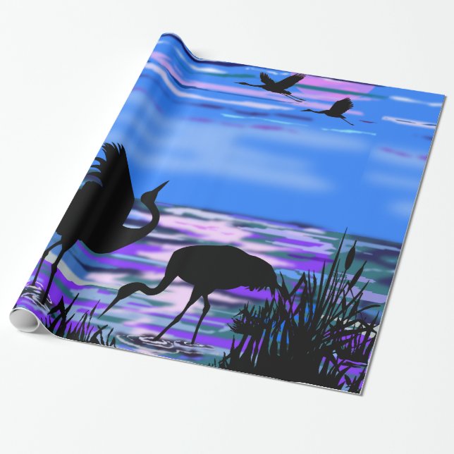 Cranes Bird Wrapping Paper Lake Sunset Geschenkpapier (Ungerollt)
