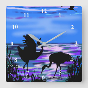 Cranes Birds Love Dance At Sunset Lake Wall Clock Quadratische Wanduhr