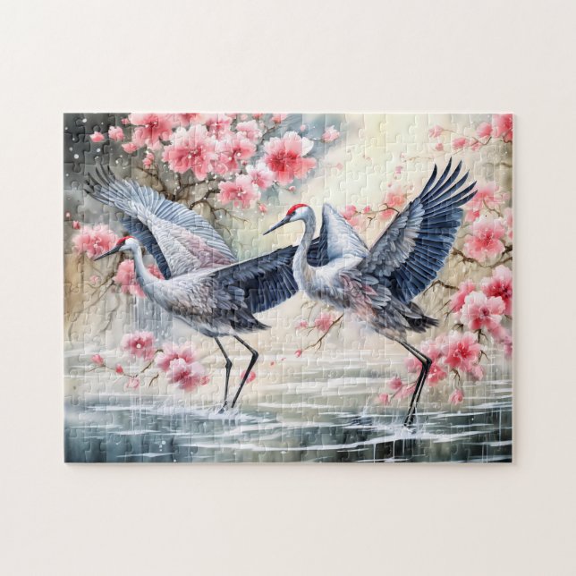 Cranes in water with floral reflections puzzle (Horizontal)