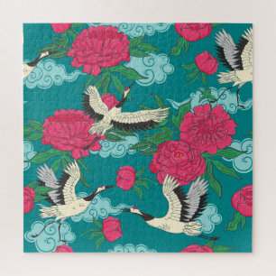 Cranes Peonies: Vintage Blumengrafiken Puzzle