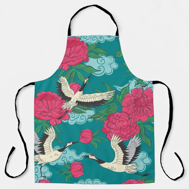 Cranes Peonies: Vintage Blumengrafiken Schürze (Vorderseite)