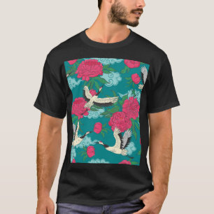 Cranes Peonies: Vintage Blumengrafiken T-Shirt
