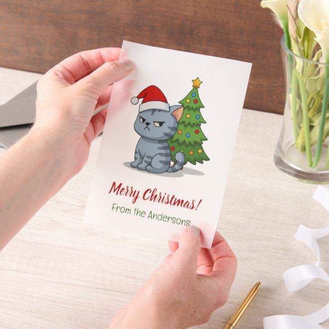 Cranky Grey Tabby Cat Red Hat Christmas Insert (Handgehalten)