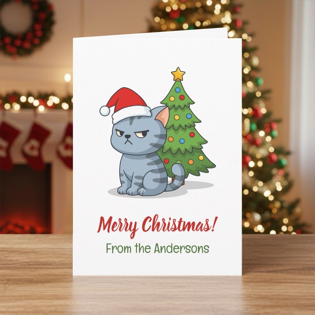 Cranky Grey Tabby Cat Red Hat Christmas Tree Karte (Von Creator hochgeladen)