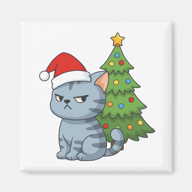 Cranky Grey Tabby Cat Red Hat Christmas Tree Magnet (Vorne)