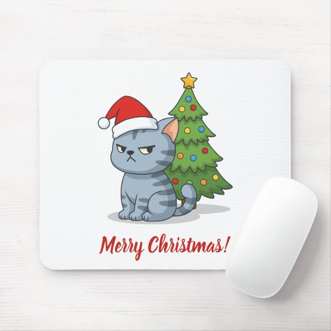 Cranky Grey Tabby Cat Red Hat Christmas Tree Mousepad (Mit Mouse)