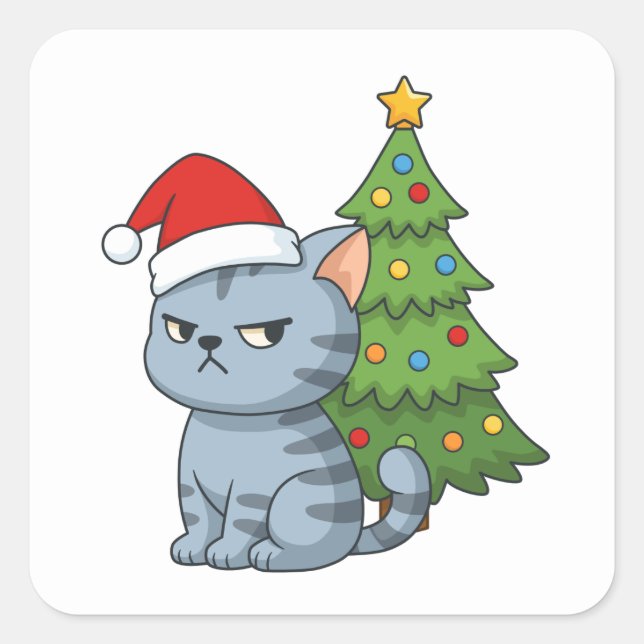 Cranky Grey Tabby Cat Red Hat Christmas Tree Quadratischer Aufkleber (Vorderseite)