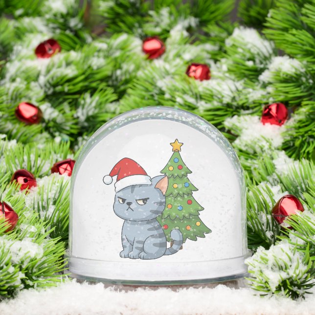 Cranky Grey Tabby Cat Red Hat Christmas Tree Schneekugeln (Weihnachten)