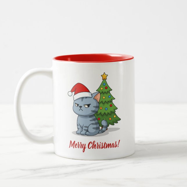 Cranky Grey Tabby Cat Red Hat Christmas Tree Zweifarbige Tasse (Links)