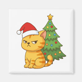 Cranky Orange Tabby Cat Red Hat Christmas Tree Magnet