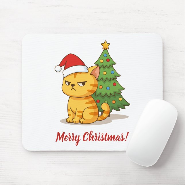 Cranky Orange Tabby Cat Red Hat Christmas Tree Mousepad (Mit Mouse)