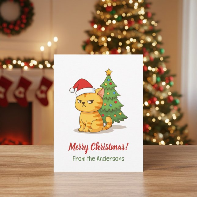Cranky Tabby Cat Red Hat Christmas Tree Postkarte (Von Creator hochgeladen)